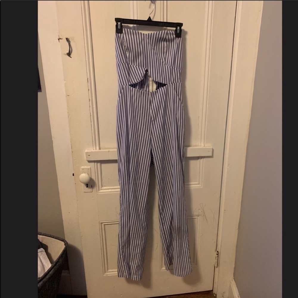 Blue & white stripped cutout jumpsuit